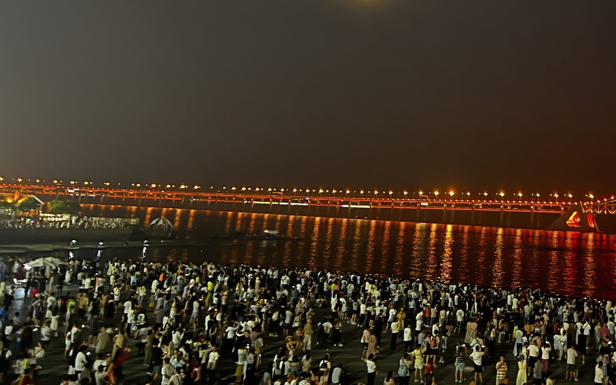 Dalian's Xinghai Bay Bridge glowing at night