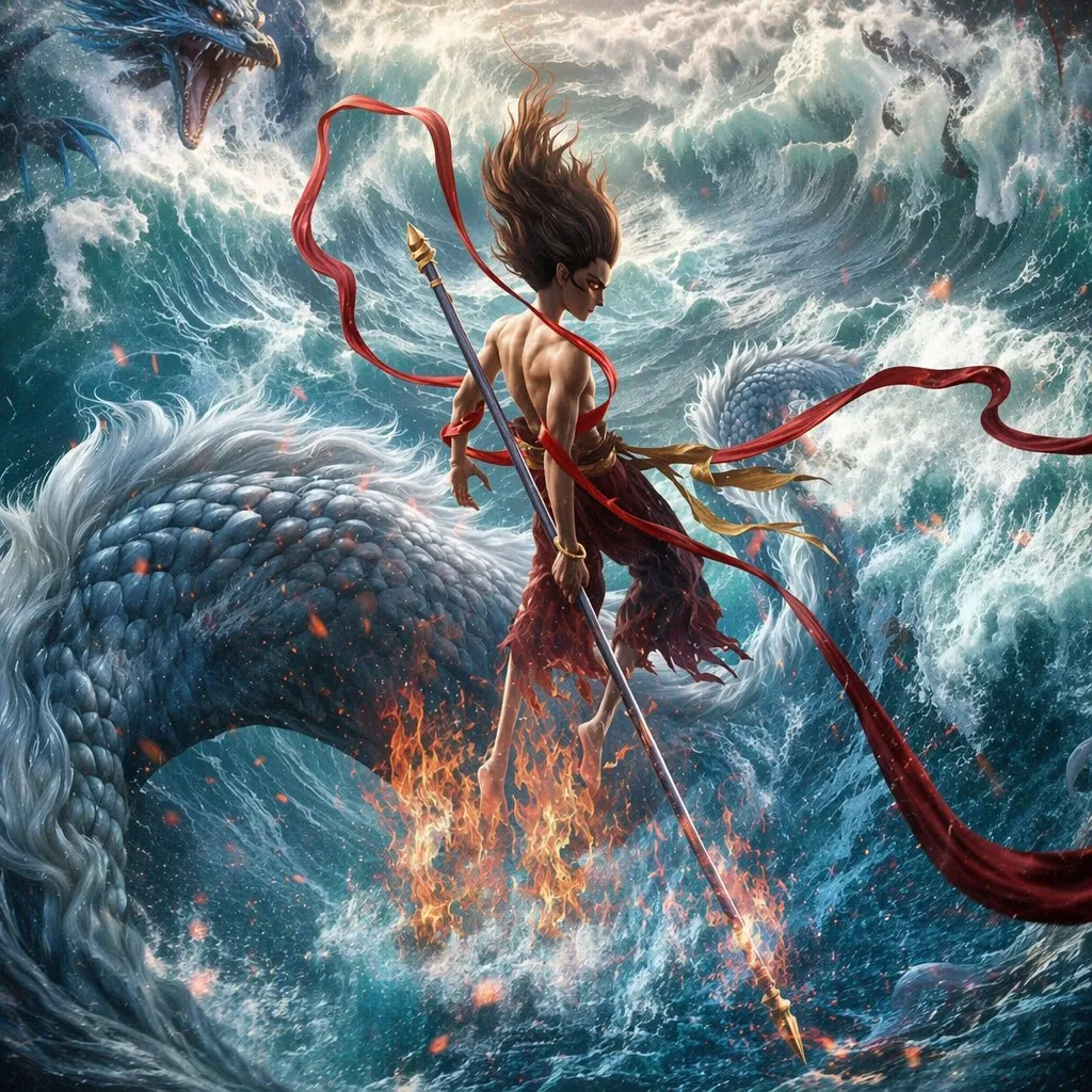 Ne Zha battles the Dragon King