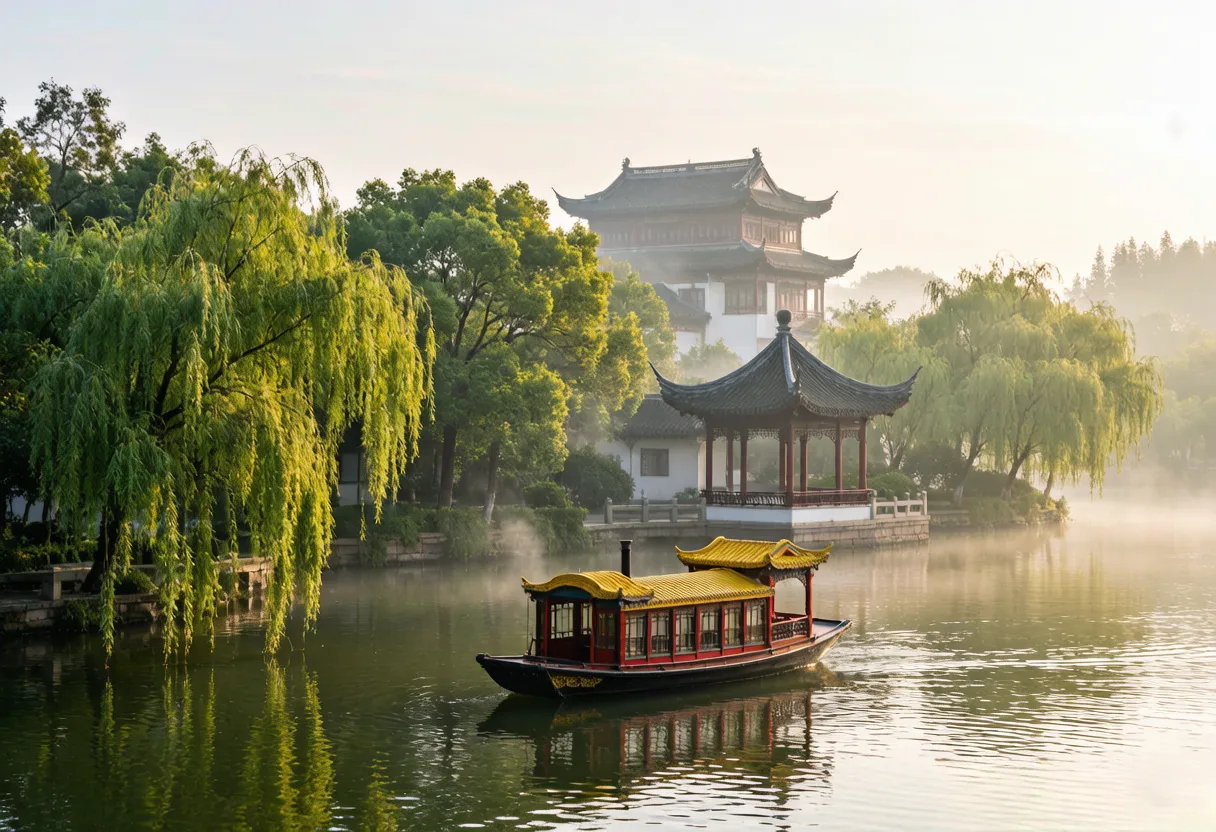 Slender West Lake in Yangzhou — painted boat on the water
